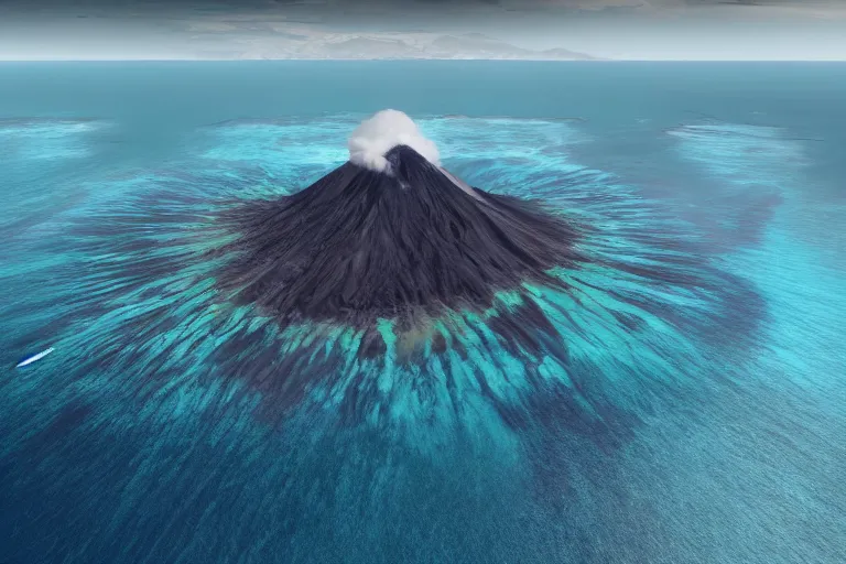 Prompt: digital concept art,aerial drone wide view of Anak Krakatau volcano island by Bernhard Edmaier,tectonics,islands,structural geology,photorealistic,unreal engine,8k