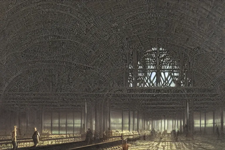 Image similar to intricate, 3 d, train station, style by caspar david friedrich and wayne barlowe and ted nasmith.