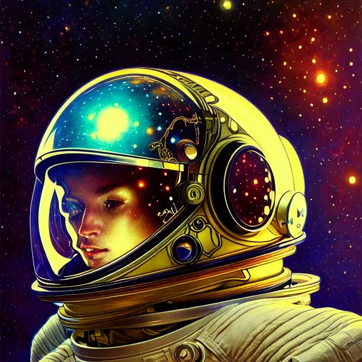 Image similar to astronaut with psychedelic reflections on helmet, diffuse lighting, fantasy, intricate, elegant, highly detailed, lifelike, photorealistic, digital painting, artstation, illustration, concept art, smooth, sharp focus, art by John Collier and Albert Aublet and Krenz Cushart and Artem Demura and Alphonse Mucha