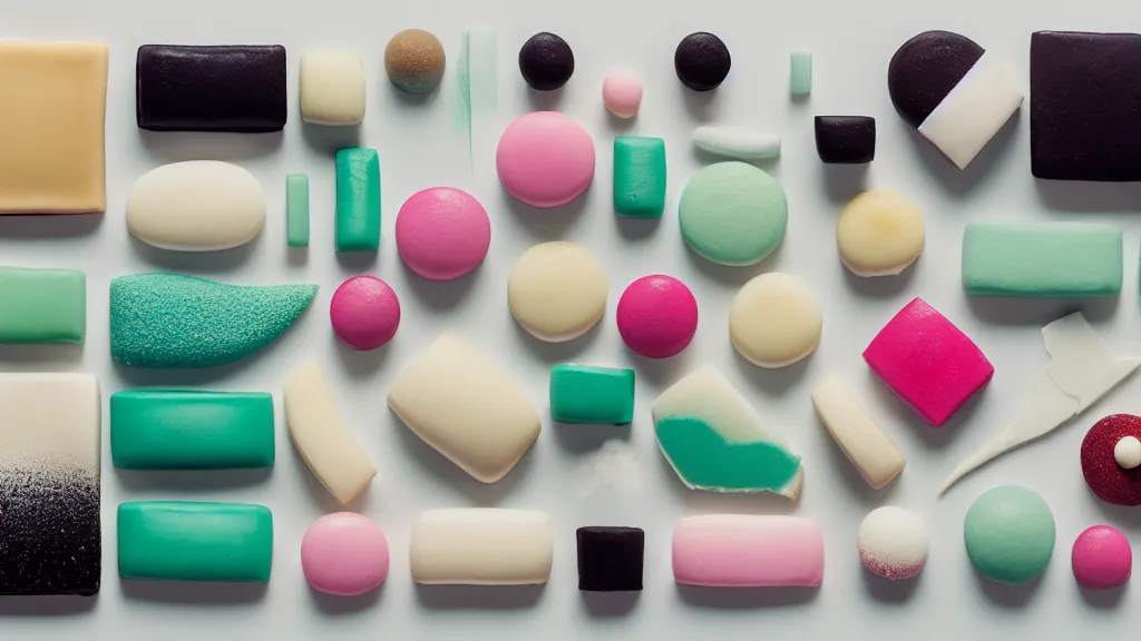 Image similar to a sparse arrangement of wagashi cakes, japan, a collage painting, in the style of wes anderson, lola dupre, david hockney, isolated on negative white space background dark monochrome neon spraypaint accents volumetric octane render