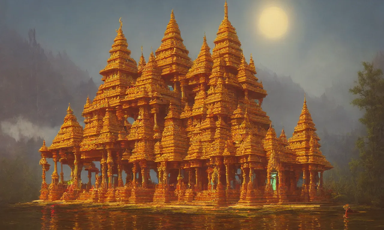 Prompt: A beautiful Hindu temple by Simon Stålenhag and Albert Bierstadt, oil on canvas