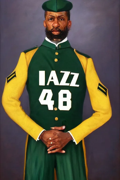 Image similar to full body portrait of the dictator of the nba utah jazz, 1 8 8 9, in full military garb, navy, green, yellow, oil on canvas by william sidney mount, trending on artstation