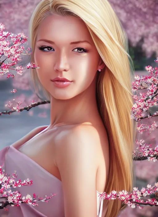 Image similar to photo of a gorgeous blonde female in the style of stefan kostic, realistic, half body shot, sharp focus, 8 k high definition, insanely detailed, intricate, elegant, art by stanley lau and artgerm, extreme blur cherry blossoms background