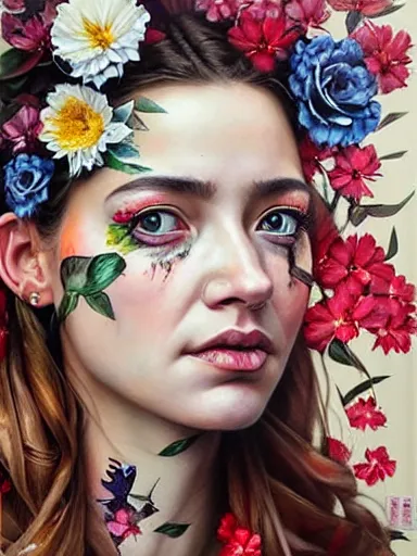 Image similar to portrait of lyndsey scott with a floral background : : painted by artgerm, karol bak, artur bordalo, sandra chevrier : : portrait, character, illustration, hyperrealism, photorealism