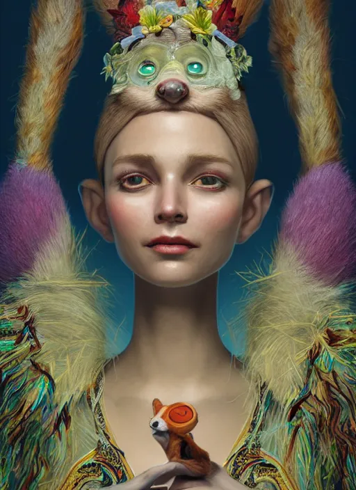 Image similar to an anthropomorphic beautiful female wizard portrait made of fox holding a staff wearing colourful robe, fine art, award winning, intricate, elegant, sharp focus, octane render, hyperrealistic, cinematic lighting, highly detailed, digital painting, 8 k concept art, art by jamie hewlett and z. w. gu, masterpiece, trending on artstation, 8 k