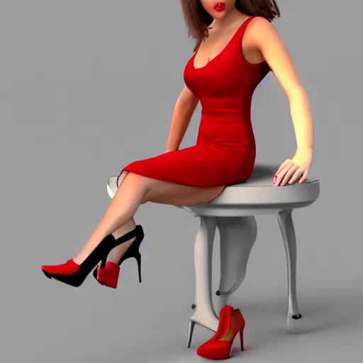 Image similar to woman, red short dress, black hair, realistic render, by milo manara, 3 d render, red high heels, face