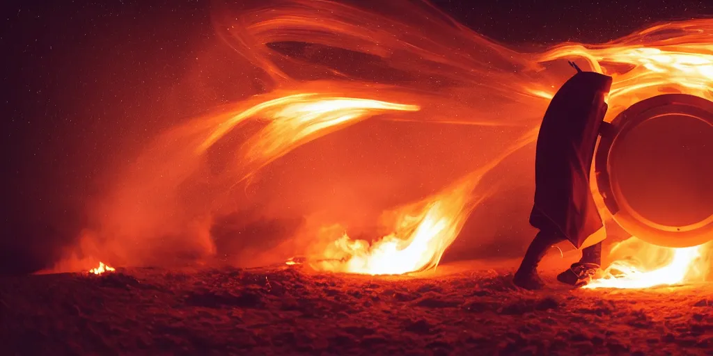 Image similar to fisheye slow motion with trail fire and smoke effect of futuristic break dancer wearing long dark cloak and golden helmet emitting fire, long exposure shot , enigmatic, at night in the middle of the arctic with red light A letter, paddle of water, steam, fog, water splashes, rim lights, glossy reflections, water droplets on lens, octane render, Volumetric dynamic lighting, stunning cover magazine, high details, hajime sorayama