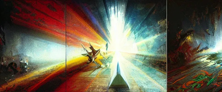 Prompt: black background. evil and badness attack christ from the left, but from christ's right emerges light and life. like a prism with light passing through it left to right. | left side of the picture has evil and the right side has good | painting by craig mullins