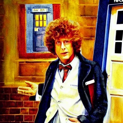 Prompt: “A painting of Tom Baker as Doctor Who looking awesome in front of the TARDIS!” W 1920