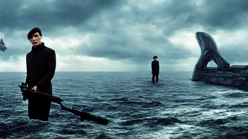 Image similar to photo of Cillian Murphy holding a Thompson, coming out of the ocean, extreme detailed face, spaceship far on the background, film still from the movie directed by Denis Villeneuve with art direction by Zdzisław Beksiński, wide lens