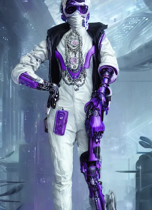 Image similar to a handsome male cyborg with a white techwear mask, purple garment with art nouveau ivory accessories, dressed in black intricate lace and jewels, ethereal, misty, cyberpunk, darksynth, luxury, concept art by zeen chin, extremely detailed, artstation, andree wallin, edvige faini, alphonse mucha, 8 k, unreal engine 5