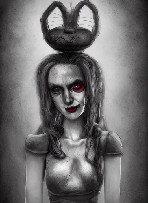 Image similar to surrealism grunge cartoon portrait sketch of lily cole as harley quinn, by michael karcz, loony toons style, freddy krueger style, horror theme, detailed, elegant, intricate