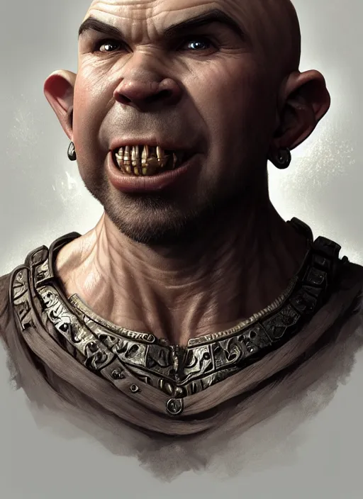 Image similar to portrait of karl pilkington as an orc, d & d, muscular! fantasy, intricate, elegant, highly detailed, digital painting, artstation, concept art, smooth, sharp focus, illustration, art by artgerm and greg rutkowski and alphonse mucha