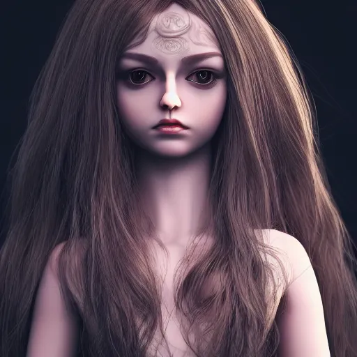 Image similar to beautiful ball jointed doll face head, long shiny hair, intricate detailed, sharp focus, octane render, high quality, Symmetrical composition, 8k, volumetric lighting, on black background