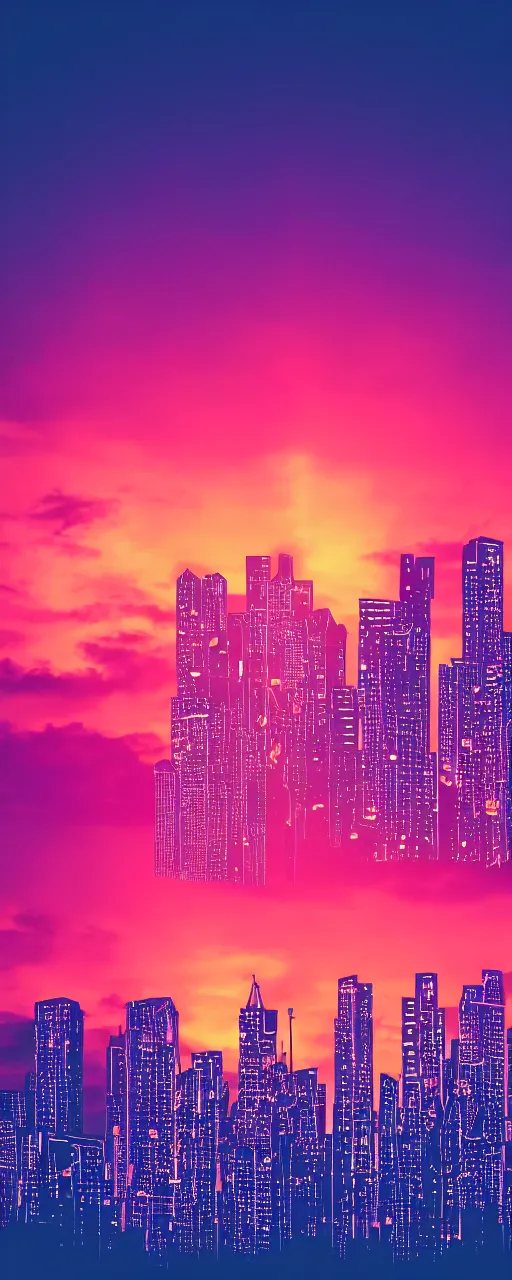 Image similar to night city, neon lights, retrowave grid, sunset