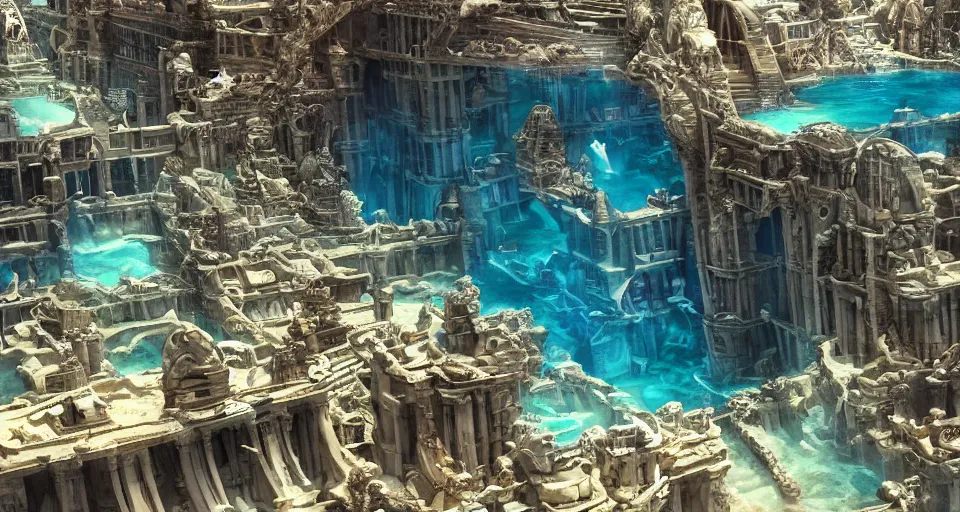 Image similar to a magnificent underwater view of the huge lost city of Atlantis, fully built buildings, white marble, hyper detailed, 4K