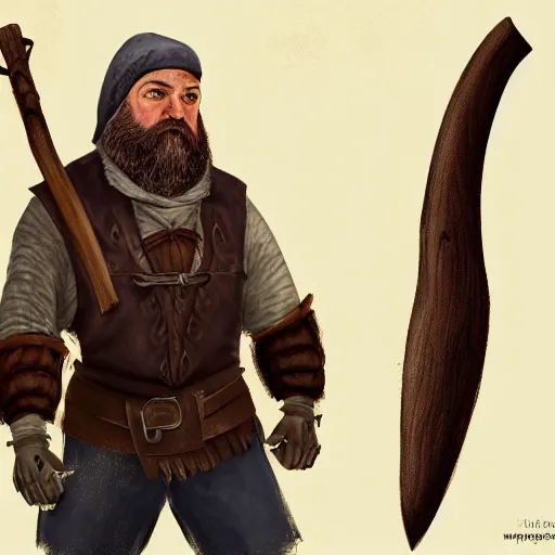 Prompt: portrait, 50 years old man :: short, stocky build :: dark, short hair and a whisker :: medieval leather workwear :: lumberjack axe :: high detail, digital art, fantasy, RPG, concept art, illustration