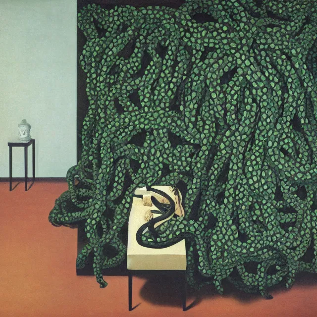 Image similar to a pathology student in her apartment, wrapped in vines, large stones, octopus, black walls, ikebana, black armchair, puddles, moss, acrylic on canvas, surrealist, by magritte and monet