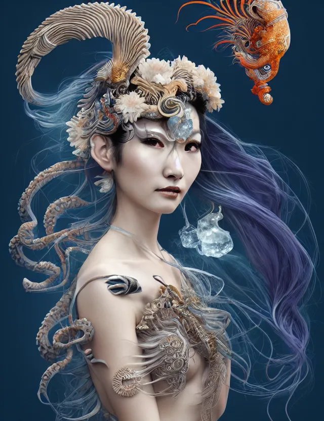 Image similar to 3 d goddess half - turn portrait with long hair with ram skull. beautiful intricately detailed japanese crow kitsune mask and clasical japanese kimono. betta fish, jellyfish phoenix, bio luminescent, plasma, ice, water, wind, creature, artwork by tooth wu and wlop and beeple and greg rutkowski