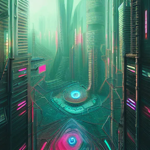 Image similar to matte painting of the sacred geometry of cyberpunk, brilliant colors, extremely detailed, very very detailed, in the style of alena aenami by Alex grey, HD, 4k, 8k