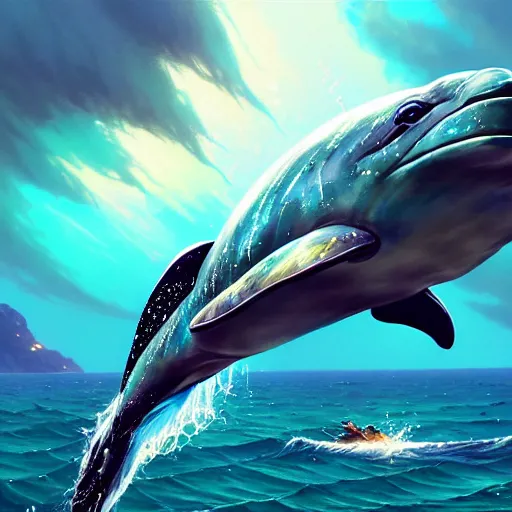 Image similar to highly detailed portrait armored dolphin in gta v, stephen bliss, unreal engine, fantasy art by greg rutkowski, loish, rhads, ferdinand knab, makoto shinkai and lois van baarle, ilya kuvshinov, rossdraws, tom bagshaw, global illumination, radiant light, detailed and intricate environment