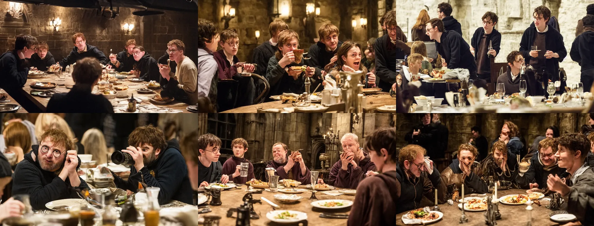 Prompt: the director eating dinner behind the scenes with the Harry Potter cast, candid telephoto lens