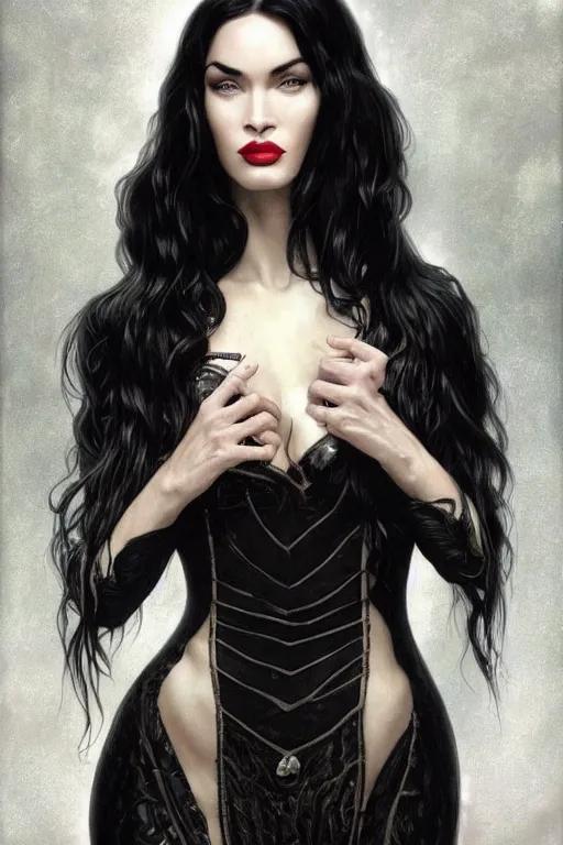 Image similar to megan fox, claudia black hybrid as morticia addams, masterpiece, intricate, elegant, highly detailed, digital painting, artstation, concept art, smooth, sharp focus, illustration, art by artgerm and greg rutkowski and alphonse mucha and uang guangjian and gil elvgren and sachin teng, symmetry!!