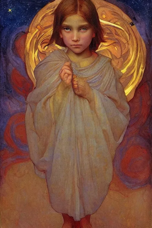 Prompt: the starry child, by Annie Swynnerton and Nicholas Roerich, elaborately costumed, rich color, dramatic cinematic lighting, smooth, sharp focus, extremely detailed