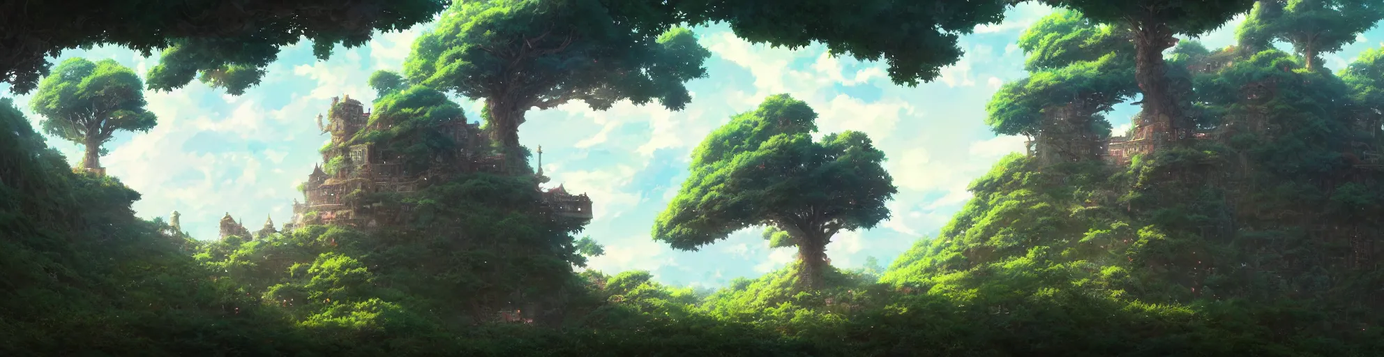 Prompt: anime landscape of small love tree and labirynth, Studio Ghibli, abandoned castle in the sky, animated, anime, illustrated, vibrant, overgrown, by Greg Rutkowski, dungeons and dragons on artstation, very textured and highly detailed 8k