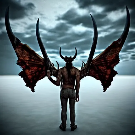 Prompt: Photo taken in the 2000's of a demon with four horns and four wings, photorealistic, film still, desolate, terrifying, weird, strange, odd, uncanny, hyper realism, highly detailed, photorealism, smooth gradients, high contrast, photorealistic