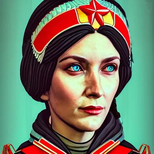 Prompt: a portrait of a female hero of the soviet union, upper half portrait, decorated with soviet motifs, intricate, elegant, highly detailed, symmetry, headpiece, disco elysium style