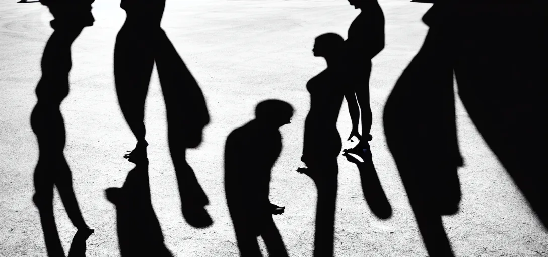 Image similar to multiple sensual silhouettes interacting, long shadows, on white