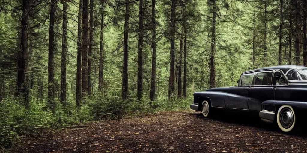 Prompt: a beautiful widescreen photo of a old cadillac in a dark forest, with a old laughing happy old man with long hair, long beard, in a dark forest low light, by dimitri mellos