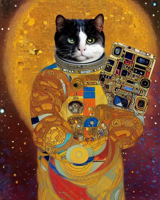 Image similar to cosmonaut cat portrait an oil painting splashes with many colors and shapes by gustav klimt greg rutkowski and alphonse mucha, polycount, generative art, psychedelic, fractalism, glitch art