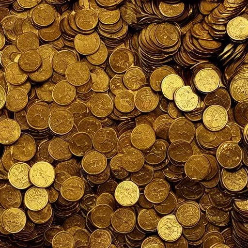 Image similar to millions of gold coins in a pile on top of a faraway hill