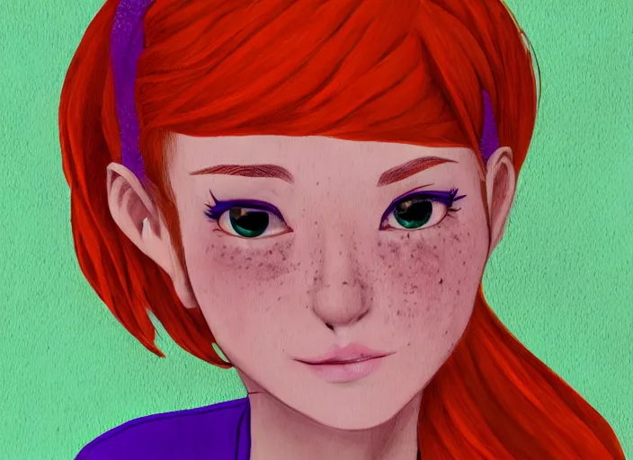 Image similar to portrait Girl with orange hair and freckles, purple background, cute-fine-face, pretty face, realistic shaded lighting by disney character style,