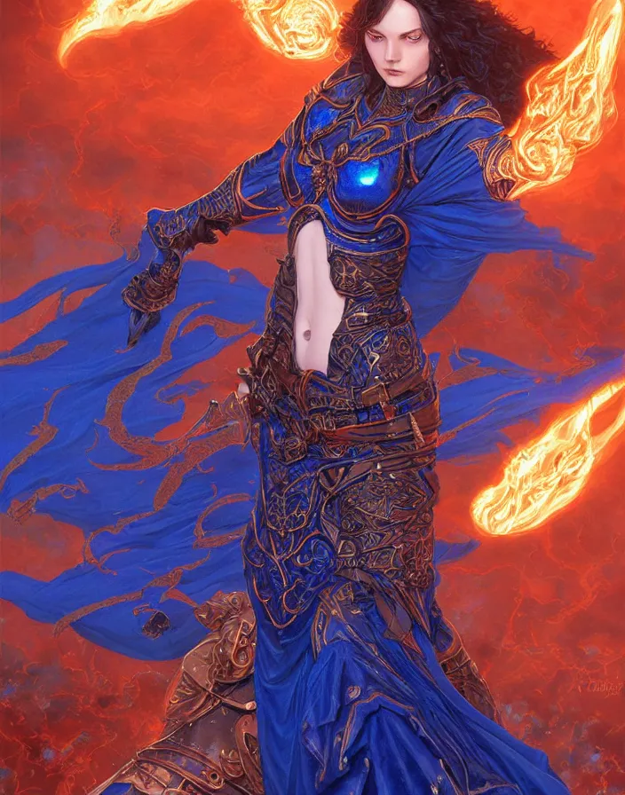 Image similar to young morgana, battle mage, brilliant royal blue flames surrounding her, intricate detail, ornate, tarot card, digital artwork by artgerm and lily abdullina, wpol and sarasti, donato giancola and android jones, artstation