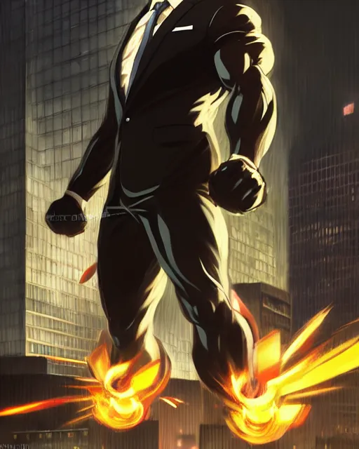 Image similar to gigachad luigi bodybuilder charging ultimate attack fighting like one punch man wearing a suit in the city, fantasy character portrait, ultra realistic, anime key visual, full body concept art, intricate details, highly detailed by greg rutkowski, ilya kuvshinov, gaston bussiere, craig mullins, simon bisley