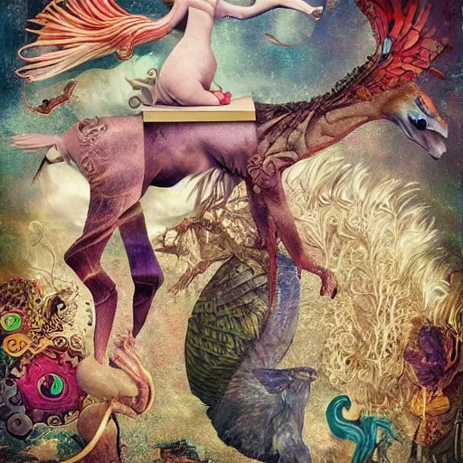 Image similar to strange mythical beasts of whimsy, surreal mixed media colllage by Ronny Khalil