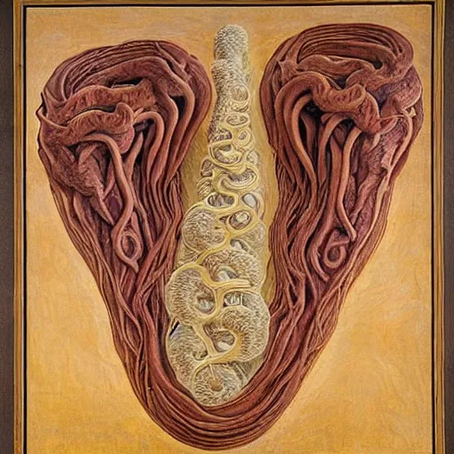 Image similar to intarsia inlay organic, insane by jean delville, by dino valls. a land art of the human intestine in all its glory. each section of the intestine is labelled, & various items & creatures can be seen inside, such as bacteria, food particles, & even a little mouse.