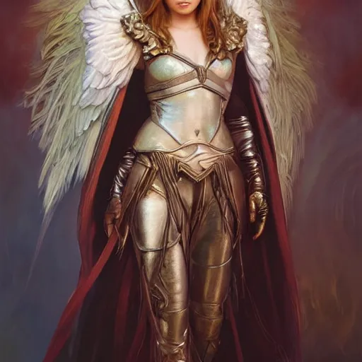 Image similar to portrait of young aasimar angel girl maiden wearing comfy leather armor with beautiful feathered angel wings, cute face, brown eyes, Alison Williams, Emma Roberts, by artgerm and greg rutkowski and alphonse mucha and andrei riabovitchev, 4k oil on linen, vivid colors, colorful, photorealistic, high dynamic range, HDR, intricate, elegant, highly detailed, digital painting, artstation, concept art, smooth, sharp focus, illustration, mid-shot, medium shot, hyperdetailed