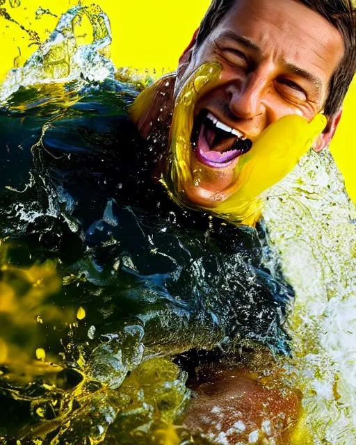 Prompt: extreme closeup portrait of ecstatic happy bear grylls with mouth open wearing yellow water as yellow water made of yellow water with the face of bear grylls, face splashing wave of yellow water, award winning stunning urine photography, epic cinematic composition, extremely detailed, artstation, 8 k, sensual lighting, incredible art, wlop, artgerm
