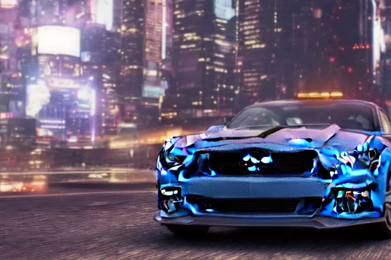 Image similar to ford mustang in cyberpunk city