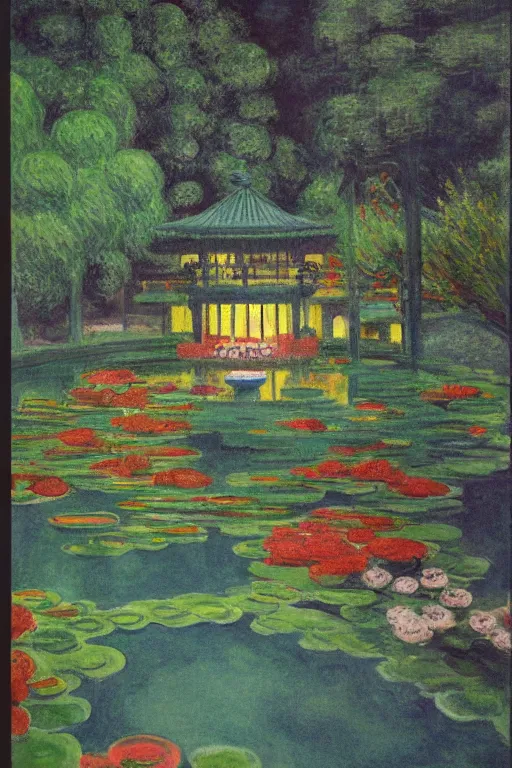 Image similar to cinematic aerial view of decorated surrealist lake garden at night by Edward Hopper and Claude Monet, garden lit by floating shoji lamps, Japanese 1920s art deco backyard design by Katsuhiro Otomo, the moon reflects in the water, the moon casts long exaggerated shadows, blue hour, hyper-detailed watercolor and pen illustration by Syd Mead and byJean Giraud, aerial view