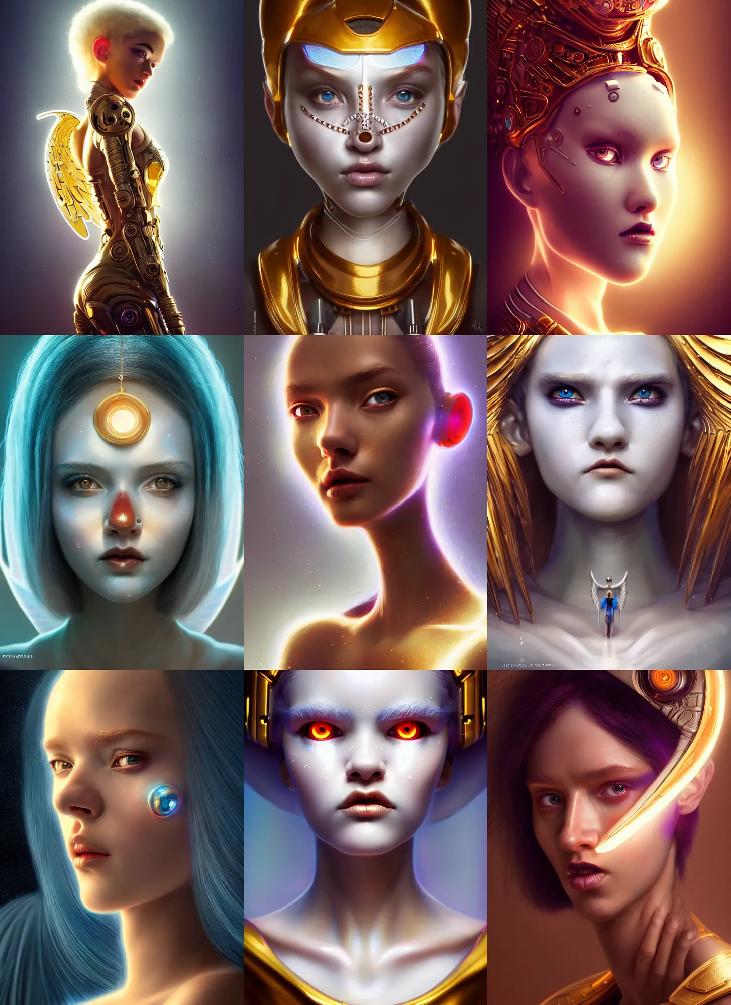 Prompt: pixar portrait 8 k photo, beautiful shiny white porcelain rich galactic tribal angel clowncore russian cyborg college girl, golden ratio details, sci - fi, fantasy, cyberpunk, intricate, decadent, highly detailed, digital painting, octane render, artstation, concept art, smooth, sharp focus, illustration, art by artgerm, loish, wlop