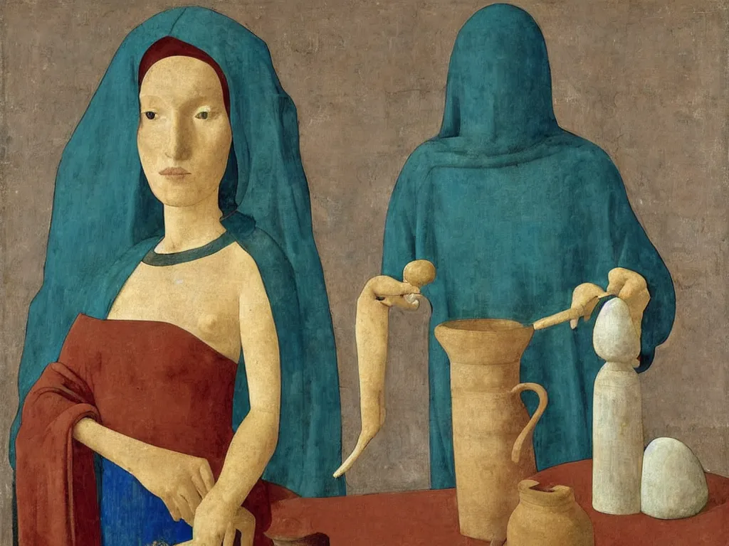 Image similar to woman with niqab, vase, amphora, jug, conch shell. lapis - lazuli, turquoise, malachite, cinnabar, earth brown. painting by piero della francesca, balthus, agnes pelton