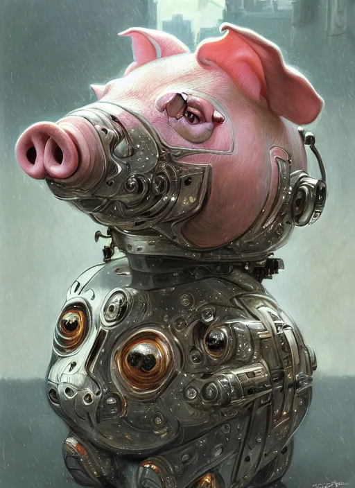 Image similar to robotic pig, d & d, wet, shiny, fantasy, intricate, elegant, extremely higly detailed, ultra definition, digital painting, artstation, anatomical perfection, baroque, one object, concept art, smooth, sharp focus, illustration, art by artgerm and greg rutkowski and alphonse mucha