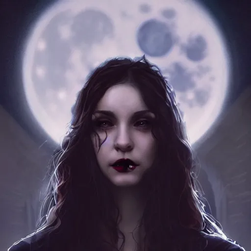 Image similar to Riveting Charismatic brunette female vampire, portrait, atmospheric lighting, painted, intricate, Highgate cemetery, volumetric lighting, beautiful, moon light, sharp focus, ultra detailed, by Leesha Hannigan, Ross Tran, Thierry Doizon, Kai Carpenter, Ignacio Fernández Ríos