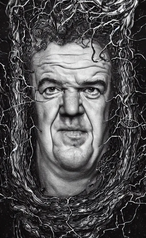 Image similar to lovecraftian portrait of jeremy clarkson, surrounded by beams of light dark background by wayne barlow, stanley donwood, anton semenov, zdzislaw bekinski, hr giger, 8 k, fantasy, dark, highly detailed