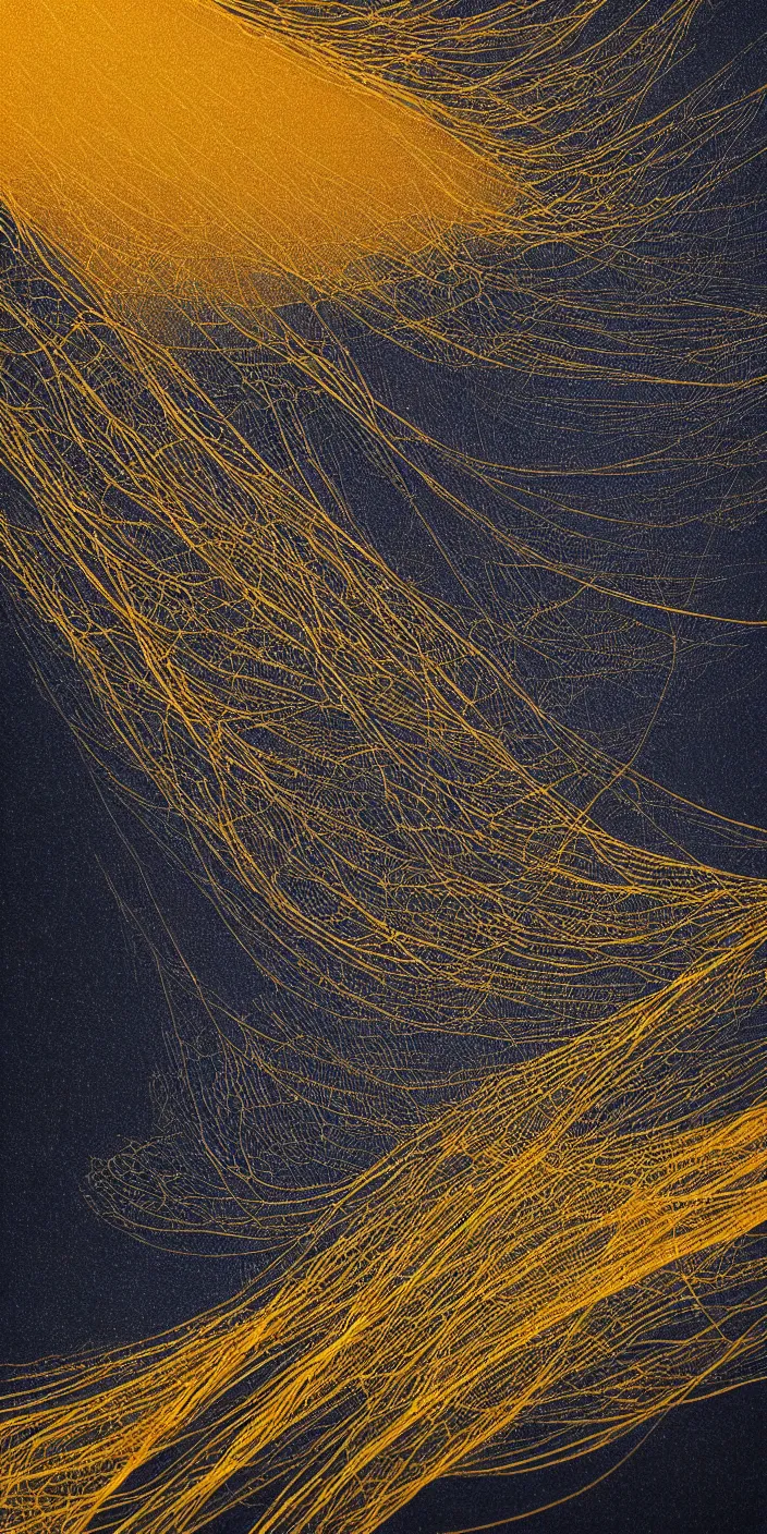 Prompt: Meridian by Matt Deslauriers, gold and blue and orange tones, black paper, elegant, intricate details, trending on art station, #generativeart